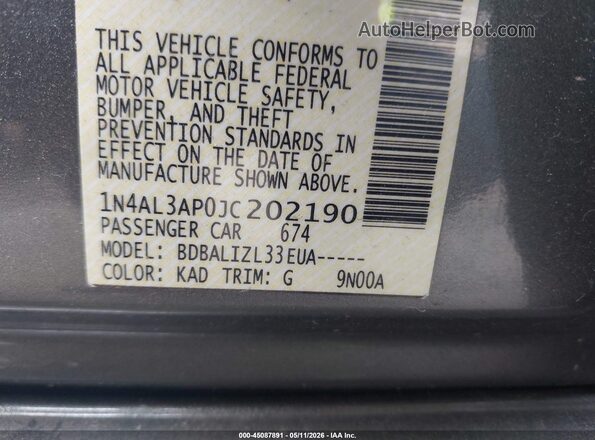 1N4AL3AP0JC202190 2018 NISSAN ALTIMA Gray Շարժիչի բաժամունքի տեսք