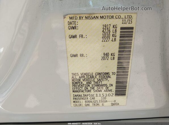 1N4AL3AP1GC115102 2016 NISSAN ALTIMA Белый Вид подкапотного пространства