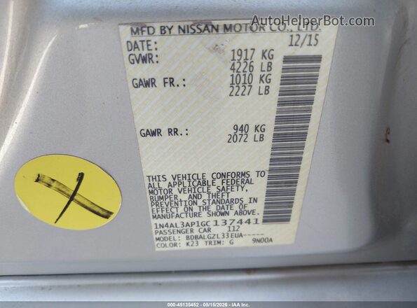 1N4AL3AP1GC137441 2016 NISSAN ALTIMA Серебряный Вид подкапотного пространства