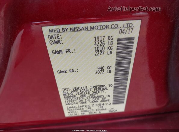 1N4AL3AP1HC236472 2017 NISSAN ALTIMA Red ძრავის განყოფილების ხედი