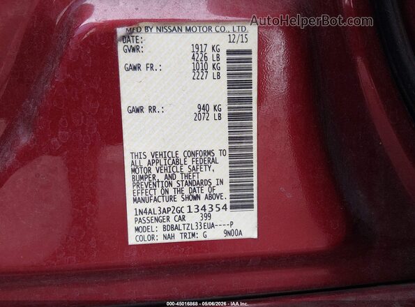 1N4AL3AP2GC134354 2016 NISSAN ALTIMA Red Widok komory silnika