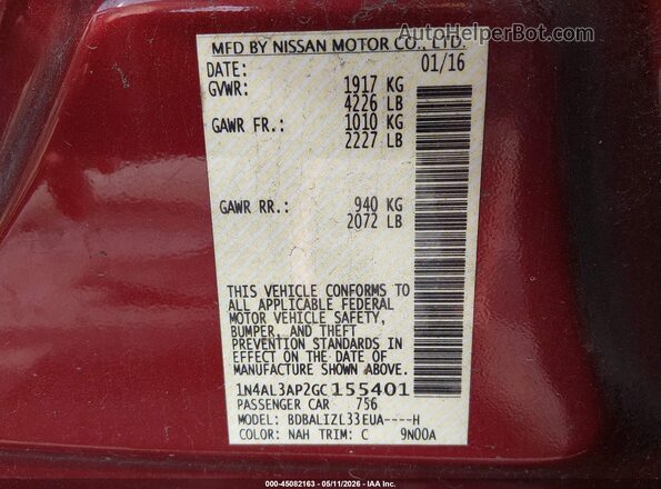 1N4AL3AP2GC155401 2016 NISSAN ALTIMA Red Вид підкапотного простору
