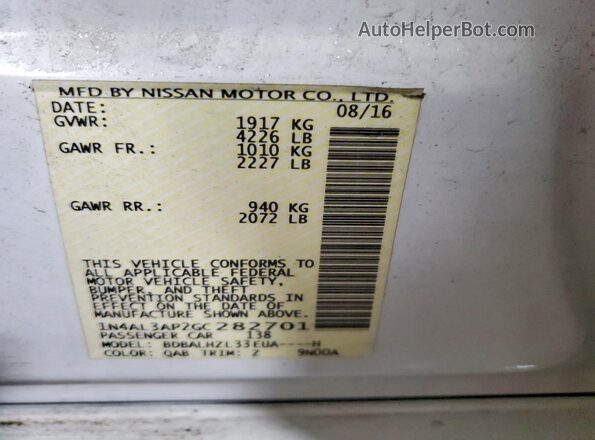 1N4AL3AP2GC282701 2016 NISSAN ALTIMA White Vista de la etiqueta del VIN