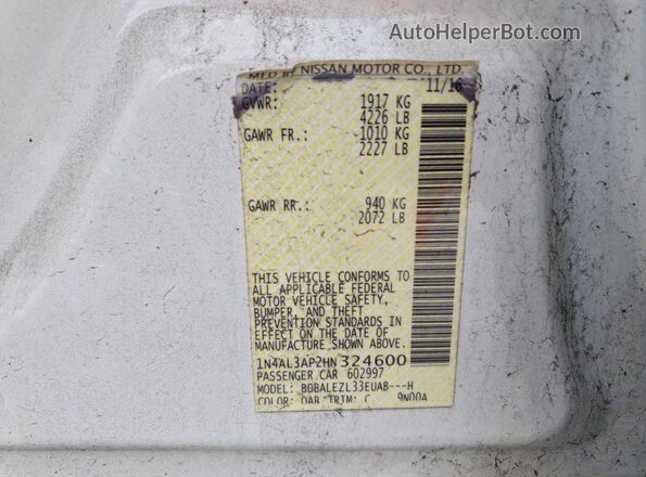 1N4AL3AP2HN324600 2017 NISSAN ALTIMA Белый Вид наклейки с VIN-кодом