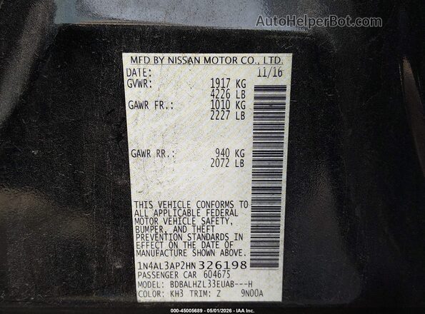 1N4AL3AP2HN326198 2017 NISSAN ALTIMA Black Widok komory silnika