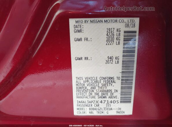 1N4AL3AP2JC471405 2018 NISSAN ALTIMA Red Вид підкапотного простору