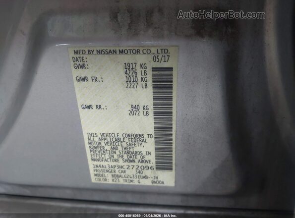 1N4AL3AP3HC272096 2017 NISSAN ALTIMA Silver Շարժիչի բաժամունքի տեսք