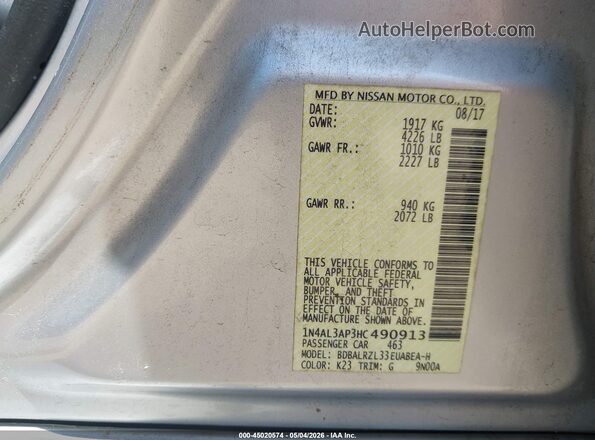 1N4AL3AP3HC490913 2017 NISSAN ALTIMA Серебряный Вид подкапотного пространства