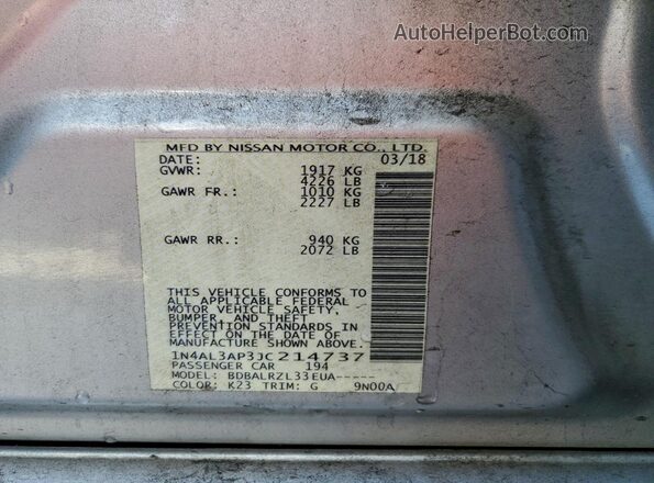 1N4AL3AP3JC214737 2018 NISSAN ALTIMA Silver VIN sticker view