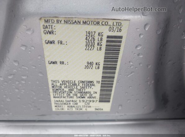 1N4AL3AP4GC192997 2016 NISSAN ALTIMA Silver Вид підкапотного простору