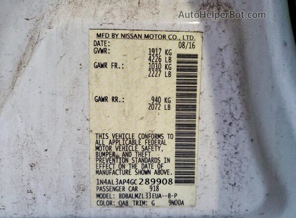 1N4AL3AP4GC289908 2016 NISSAN ALTIMA White Вид підкапотного простору