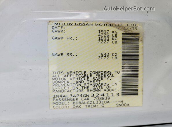 1N4AL3AP4GN324113 2016 NISSAN ALTIMA Белый Вид подкапотного пространства