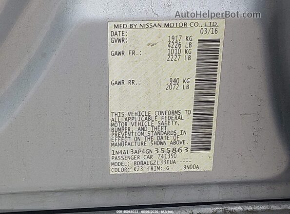 1N4AL3AP4GN355863 2016 NISSAN ALTIMA Серебряный Вид подкапотного пространства