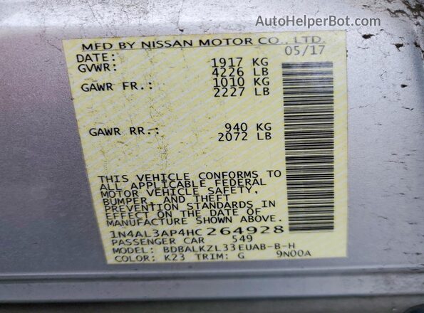 1N4AL3AP4HC264928 2017 NISSAN ALTIMA Silver Widok naklejki z numerem VIN