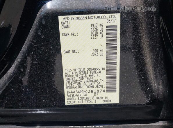 1N4AL3AP4HC281874 2017 NISSAN ALTIMA Black Vista del compartimento del motor