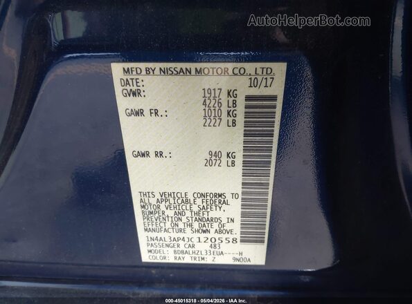 1N4AL3AP4JC120558 2018 NISSAN ALTIMA Blue ძრავის განყოფილების ხედი