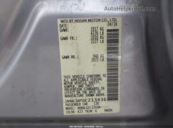 1N4AL3AP5GC213436 2016 NISSAN ALTIMA Silver ძრავის განყოფილების ხედი