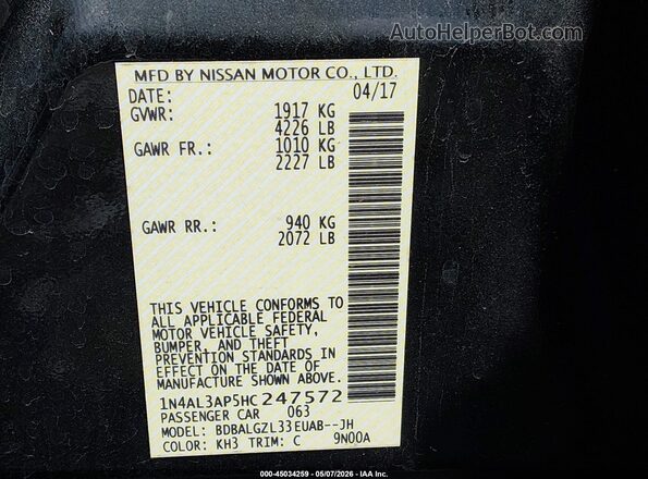 1N4AL3AP5HC247572 2017 NISSAN ALTIMA Black Vista del compartimento del motor