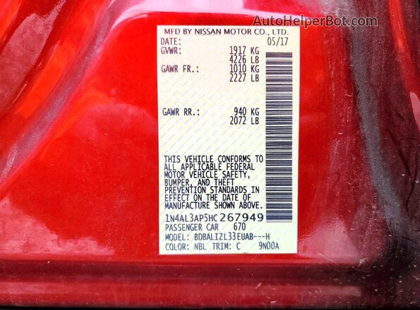 1N4AL3AP5HC267949 2017 NISSAN ALTIMA Красный Вид наклейки с VIN-кодом