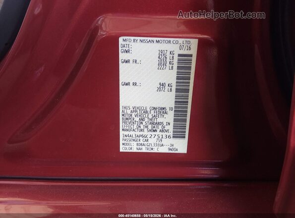 1N4AL3AP6GC275136 2016 NISSAN ALTIMA Red Vista del compartimento del motor