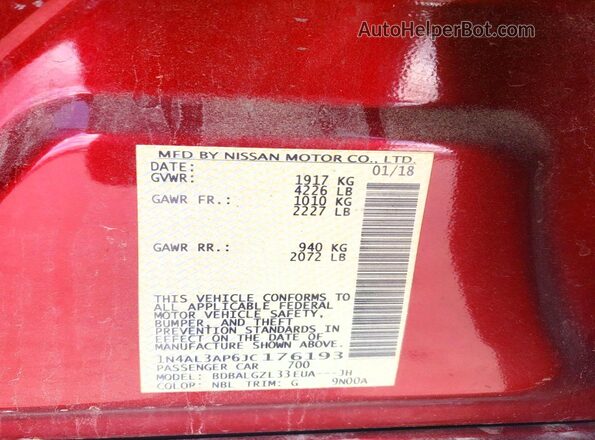 1N4AL3AP6JC176193 2018 NISSAN ALTIMA Красный Вид подкапотного пространства