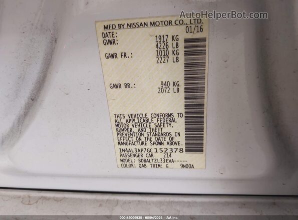 1N4AL3AP7GC152378 2016 NISSAN ALTIMA White ძრავის განყოფილების ხედი
