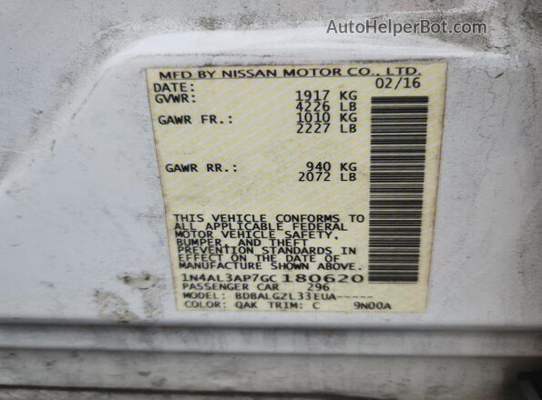 1N4AL3AP7GC180620 2016 NISSAN ALTIMA White VIN sticker view