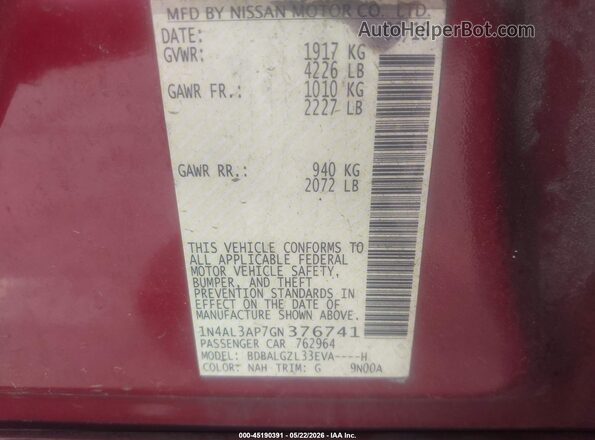 1N4AL3AP7GN376741 2016 NISSAN ALTIMA Red Вид підкапотного простору