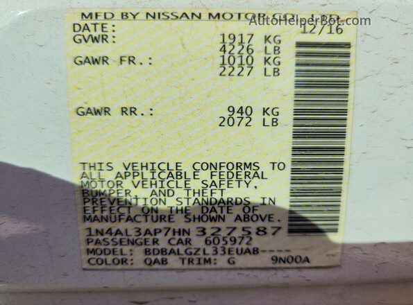 1N4AL3AP7HN327587 2017 NISSAN ALTIMA White VIN sticker view
