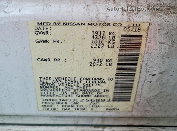 1N4AL3AP7JC256893 2018 NISSAN ALTIMA Белый Вид наклейки с VIN-кодом