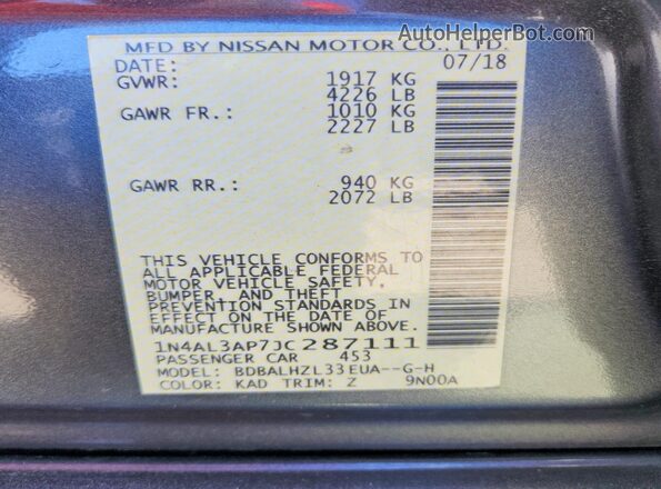 1N4AL3AP7JC287111 2018 NISSAN ALTIMA Gray Widok naklejki z numerem VIN