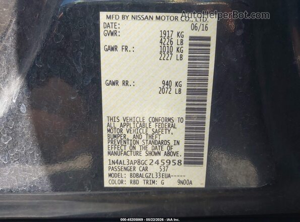 1N4AL3AP8GC245958 2016 NISSAN ALTIMA Черный Вид подкапотного пространства
