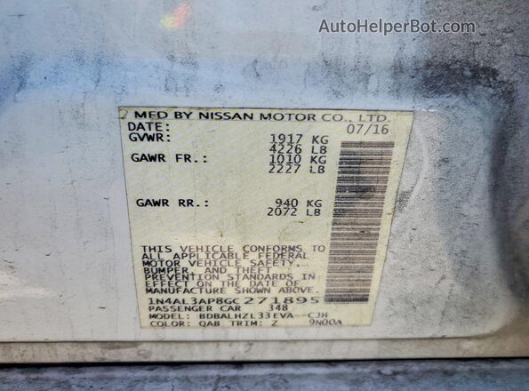 1N4AL3AP8GC271895 2016 NISSAN ALTIMA White ძრავის განყოფილების ხედი