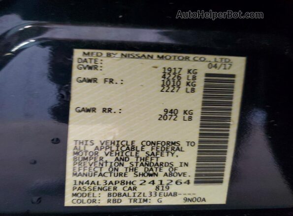 1N4AL3AP8HC241264 2017 NISSAN ALTIMA Black ძრავის განყოფილების ხედი
