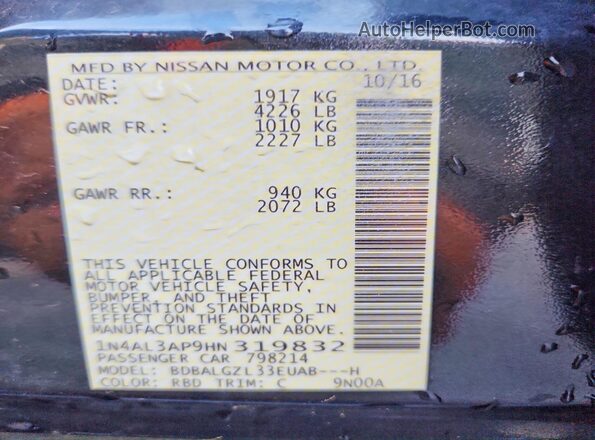 1N4AL3AP9HN319832 2017 NISSAN ALTIMA Gray Widok naklejki z numerem VIN