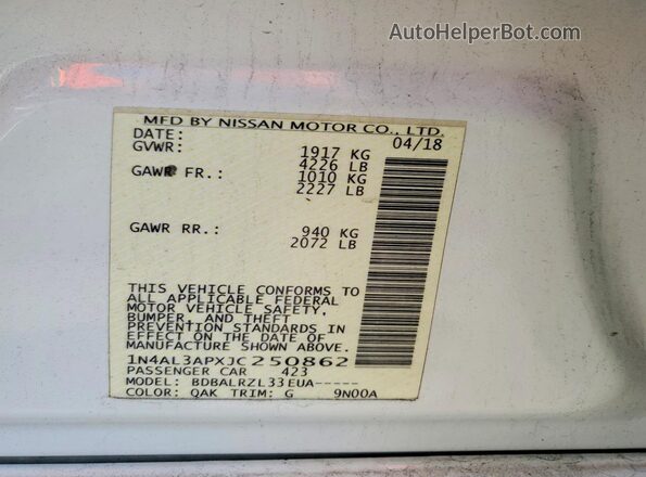 1N4AL3APXJC250862 2018 NISSAN ALTIMA Белый Вид подкапотного пространства
