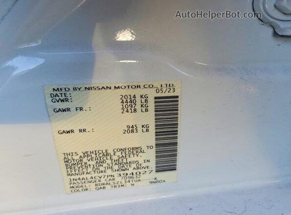 1N4AL4CV7PN394027 2023 NISSAN ALTIMA White Widok naklejki z numerem VIN