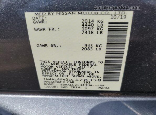 1N4AL4FV0LC178358 2020 NISSAN ALTIMA Gray VIN კოდის სტიკერის ხედი