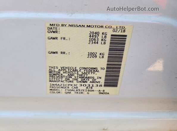 1N4AZ1CPXJC303138 2018 NISSAN LEAF White Widok naklejki z numerem VIN