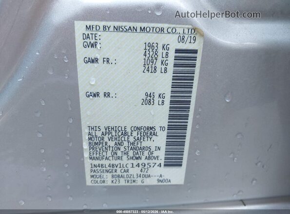 1N4BL4BV1LC149574 2020 NISSAN ALTIMA Серебряный Вид подкапотного пространства