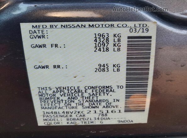 1N4BL4BV2KC215161 2019 NISSAN ALTIMA Серый Вид подкапотного пространства