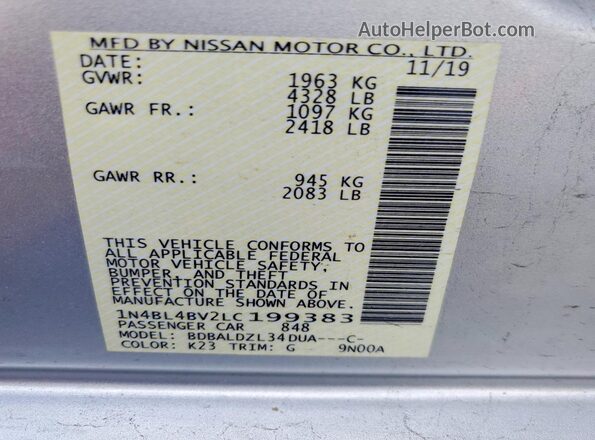 1N4BL4BV2LC199383 2020 NISSAN ALTIMA Silver Շարժիչի բաժամունքի տեսք
