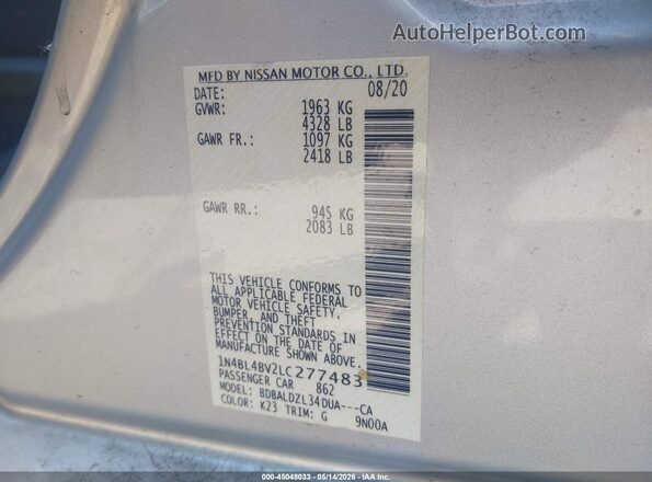 1N4BL4BV2LC277483 2020 NISSAN ALTIMA Серебряный Вид подкапотного пространства