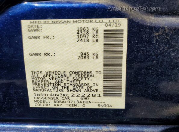 1N4BL4BV3KC222281 2019 NISSAN ALTIMA Blue Вид підкапотного простору