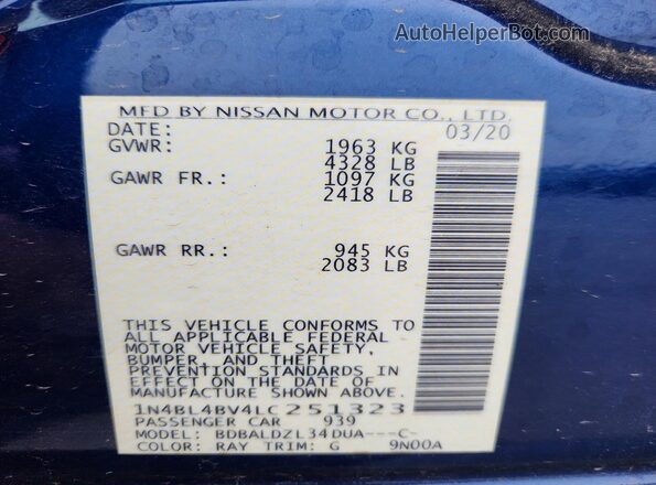 1N4BL4BV4LC251323 2020 NISSAN ALTIMA Синий Вид наклейки с VIN-кодом