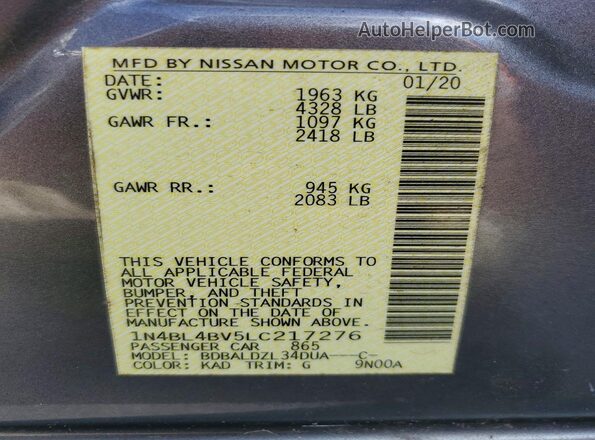 1N4BL4BV5LC217276 2020 NISSAN ALTIMA Серый Вид подкапотного пространства