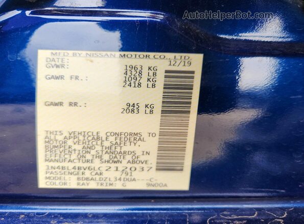 1N4BL4BV6LC212037 2020 NISSAN ALTIMA Синий Вид подкапотного пространства