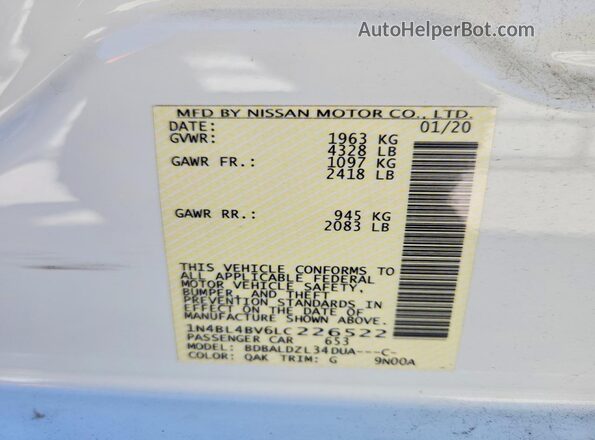 1N4BL4BV6LC226522 2020 NISSAN ALTIMA White Vista de la etiqueta del VIN