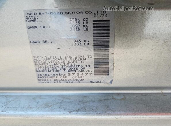 1N4BL4BV8RN375477 2024 NISSAN ALTIMA Серебряный Вид наклейки с VIN-кодом