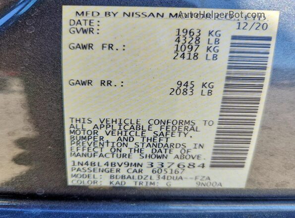 1N4BL4BV9MN337684 2021 NISSAN ALTIMA Gray Widok naklejki z numerem VIN
